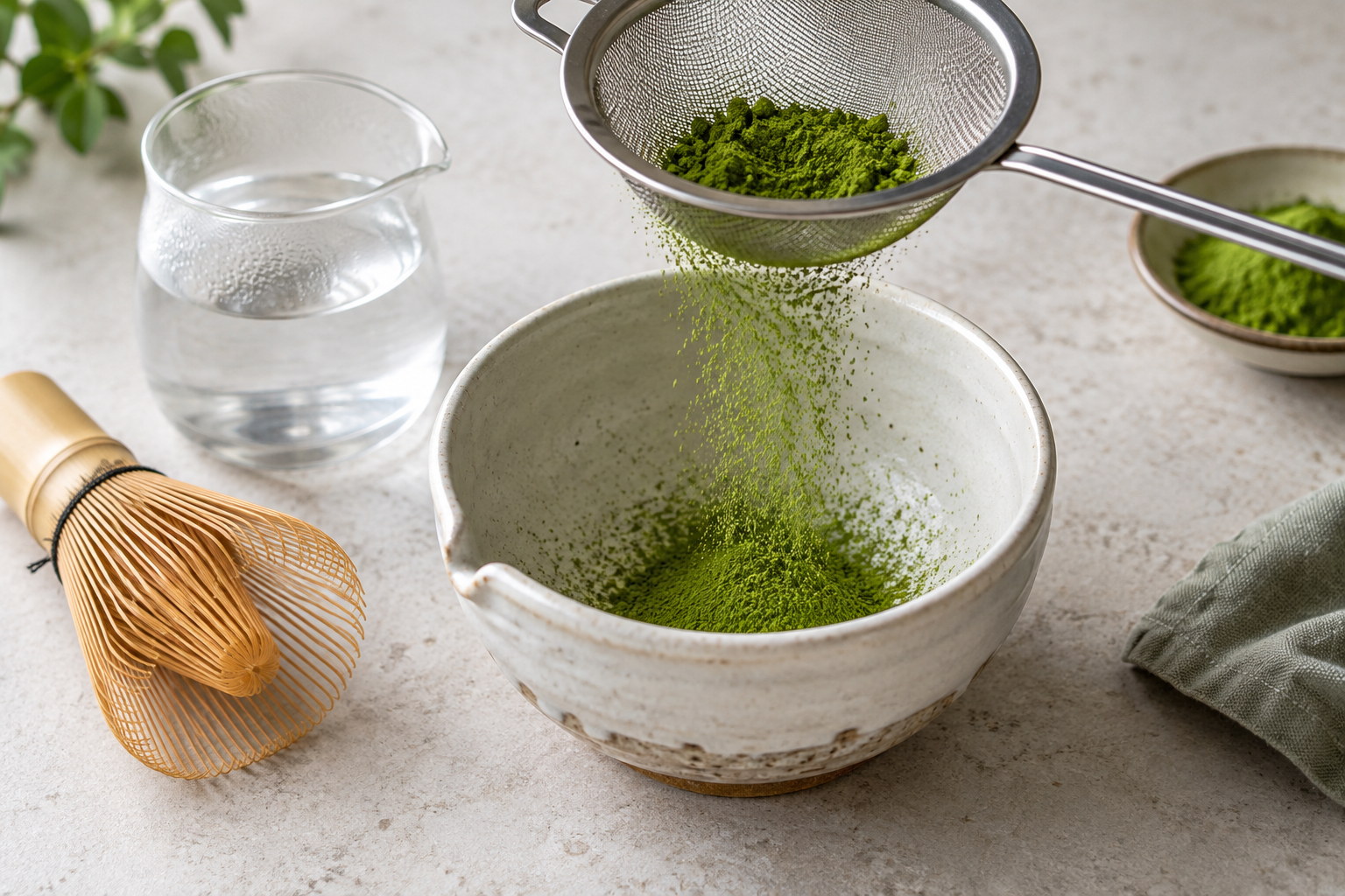 Vivid green matcha powder being sifted into a ceramic bowl