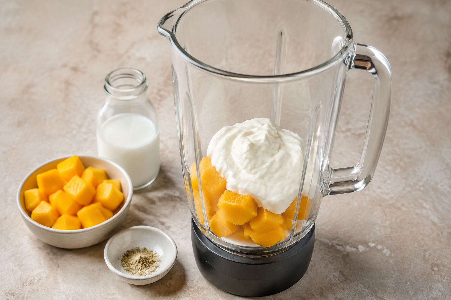 Mango cubes and thick yoghurt layered inside a clear blender jug with milk and cardamom nearby