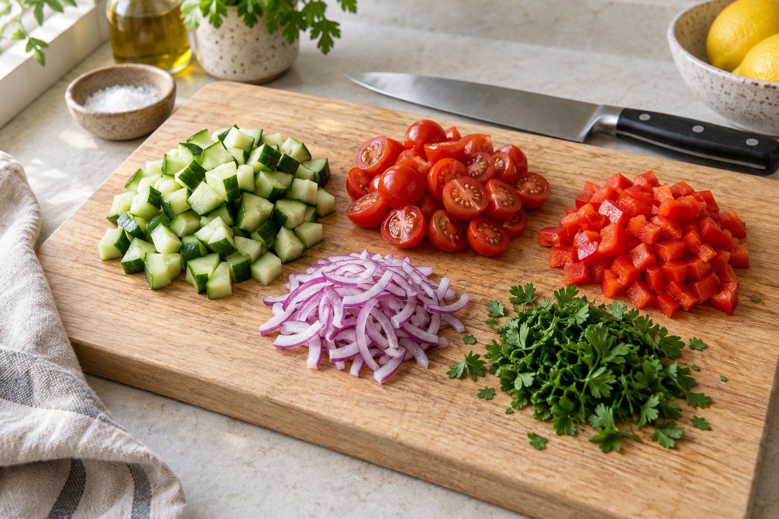 Chopped cucumber tomatoes pepper onion and parsley