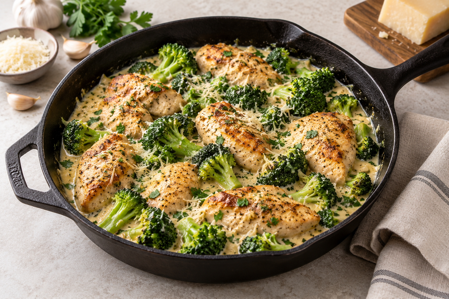 Creamy garlic Parmesan chicken and broccoli in a black skillet