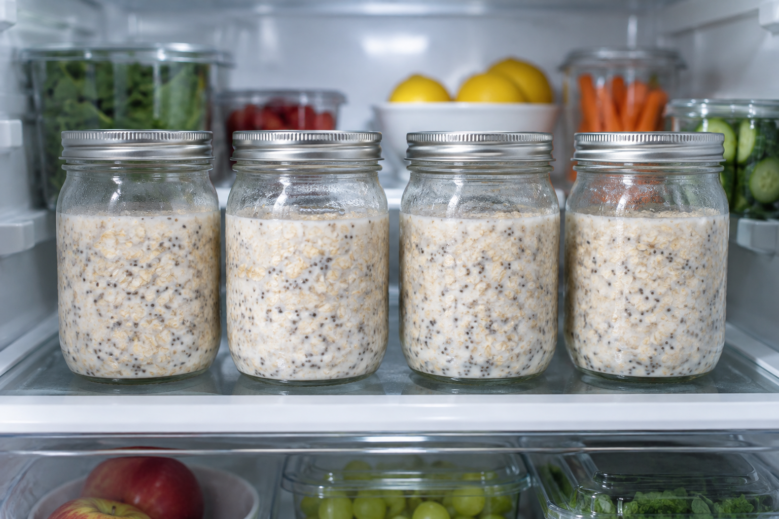 Jars of high protein overnight oats chilling in a refrigerator overnight