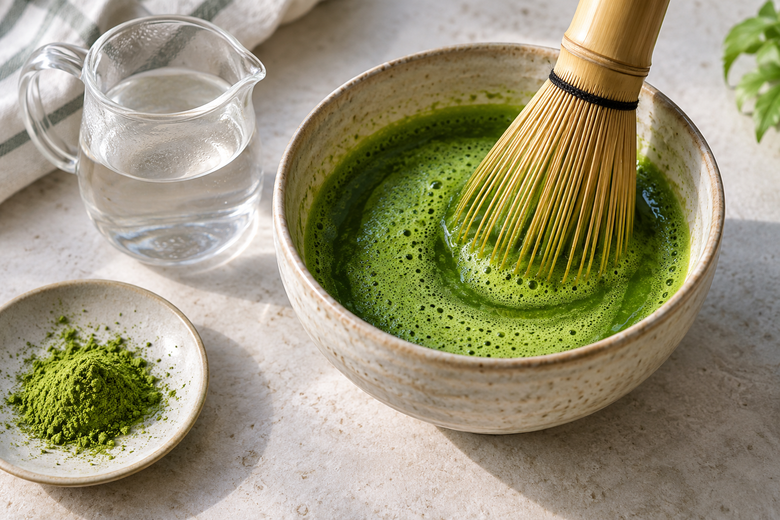 Matcha powder whisked with warm water until smooth and lightly foamy