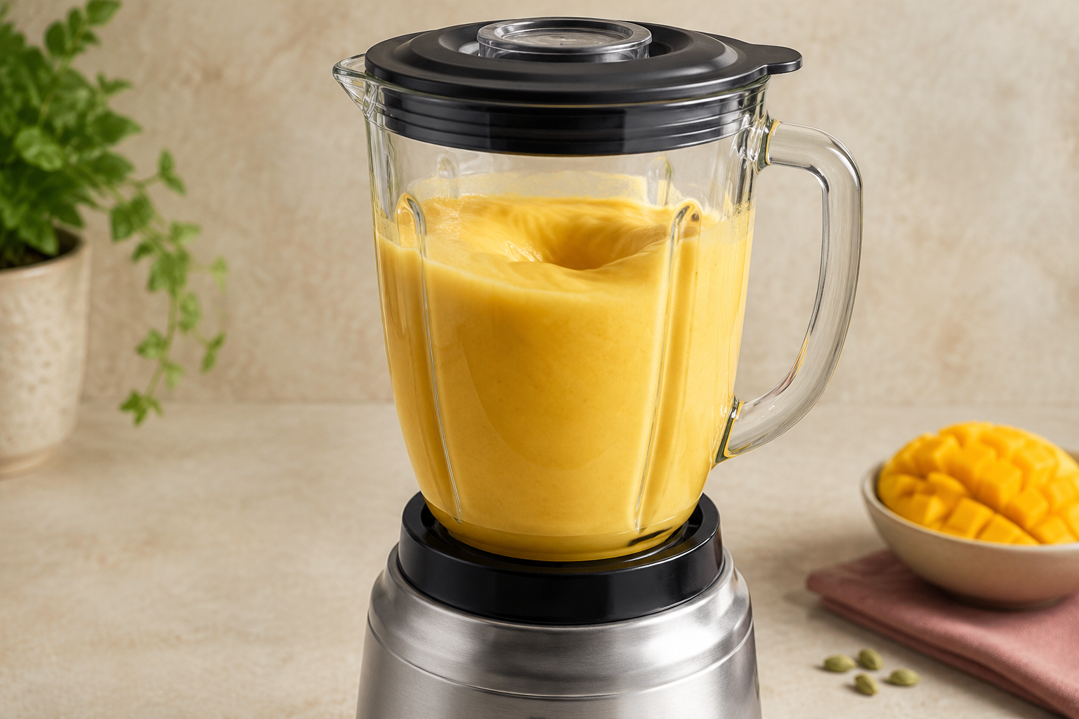 Clear blender jug blending mango and yoghurt into smooth golden mango lassi