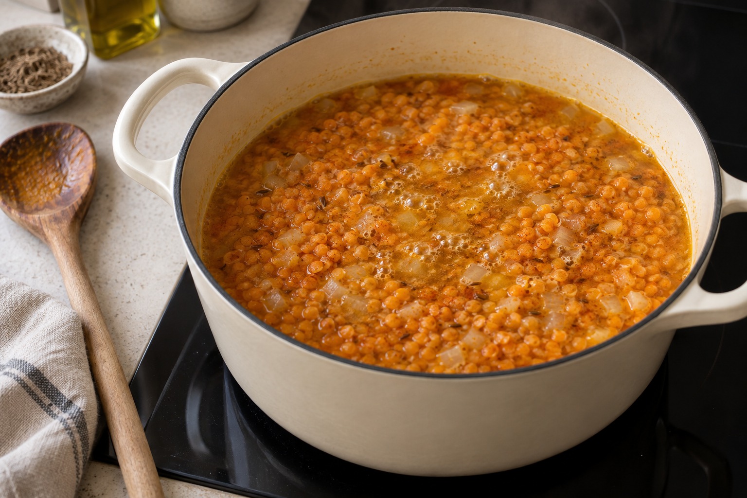 Split red lentils simmering in vegetable stock