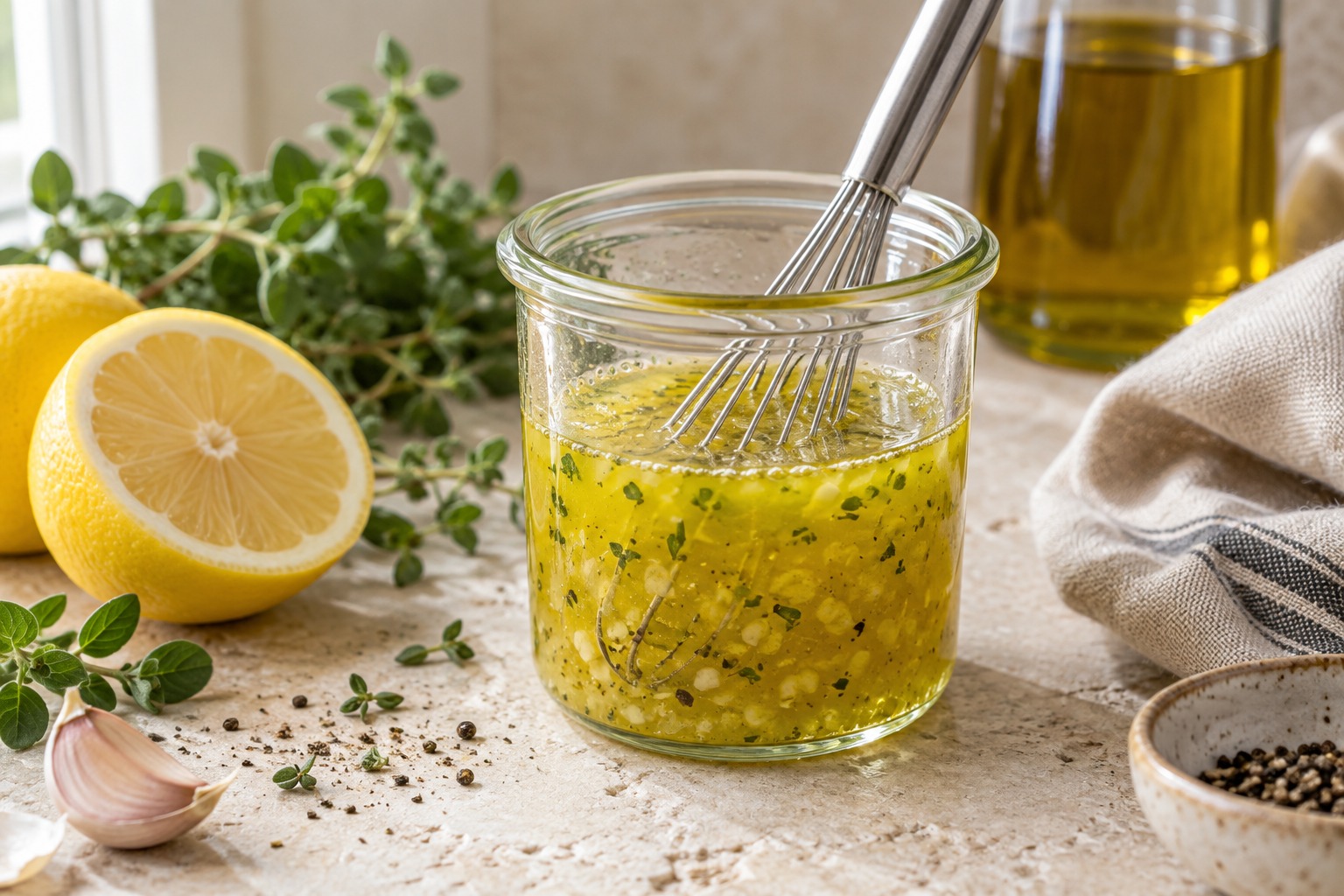 Lemon olive oil dressing with garlic and oregano