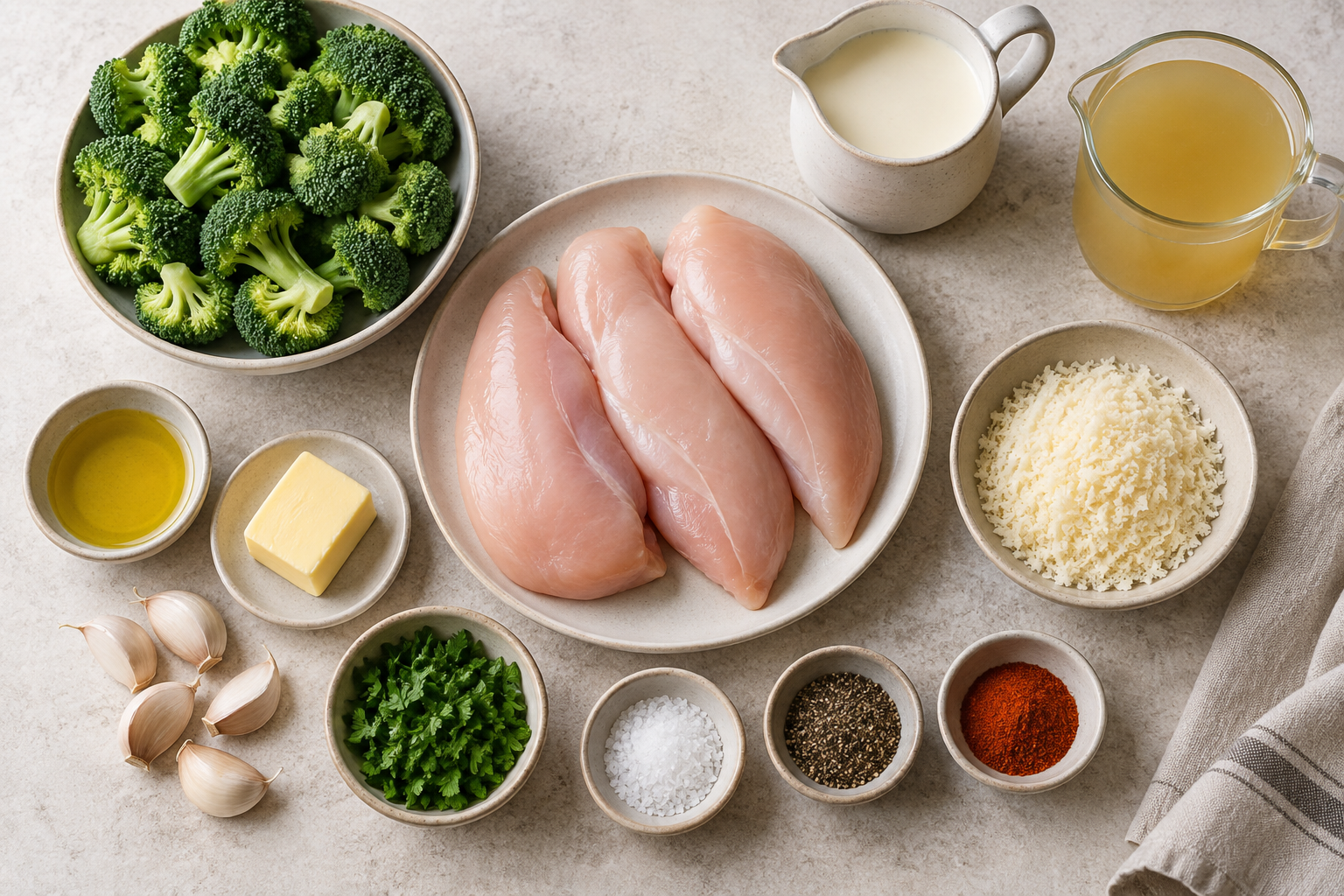Ingredients for creamy garlic Parmesan chicken and broccoli arranged on a worktop