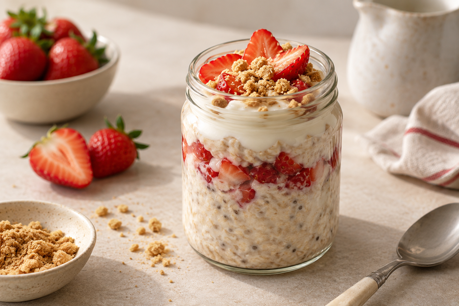 Strawberry cheesecake high protein overnight oats topped with fresh berries