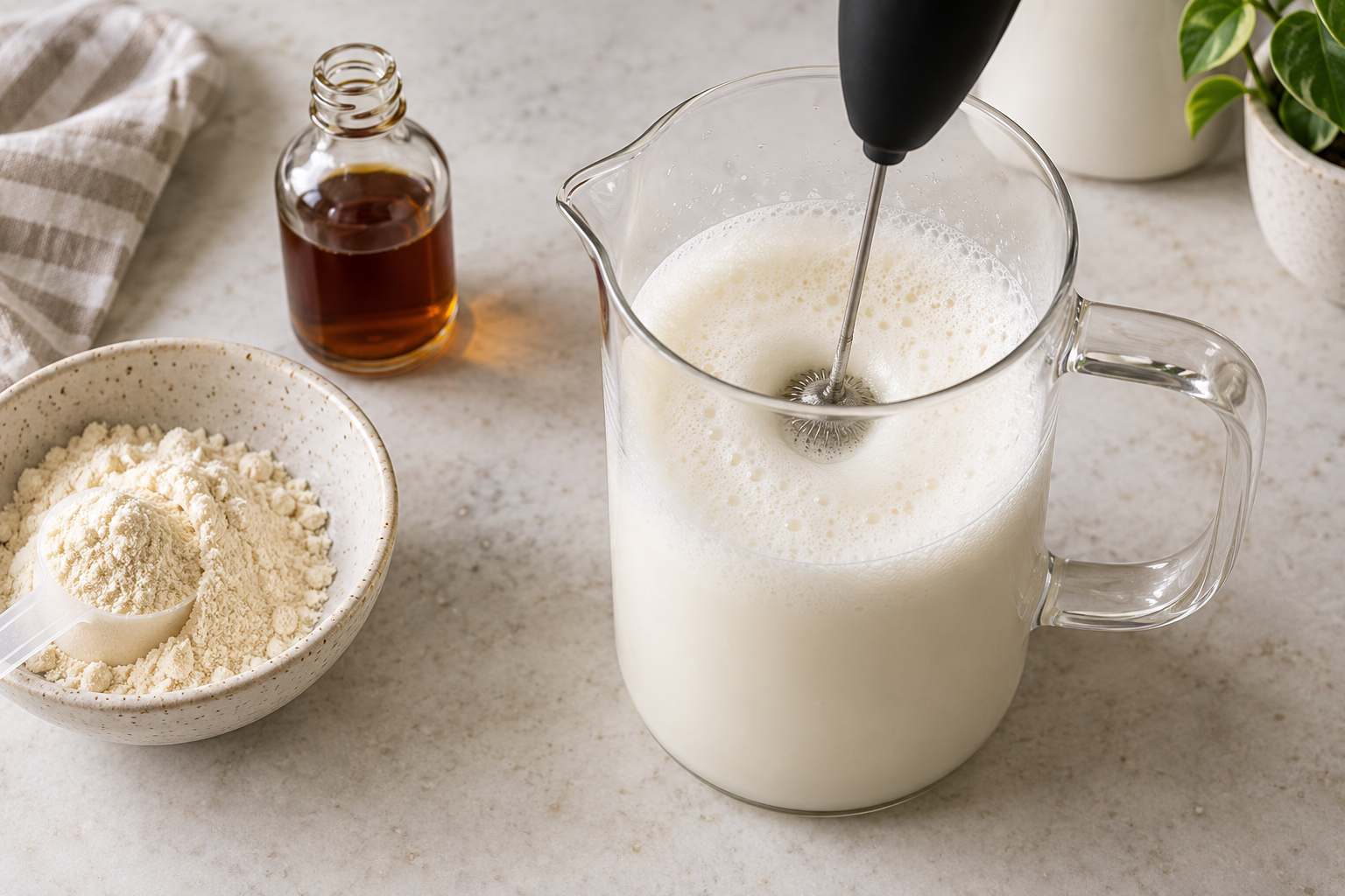 Vanilla milk and protein powder being frothed into cold foam