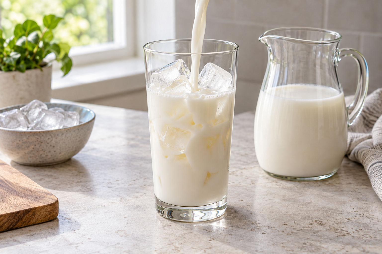 Cold milk being poured over clear ice cubes in a tall glass