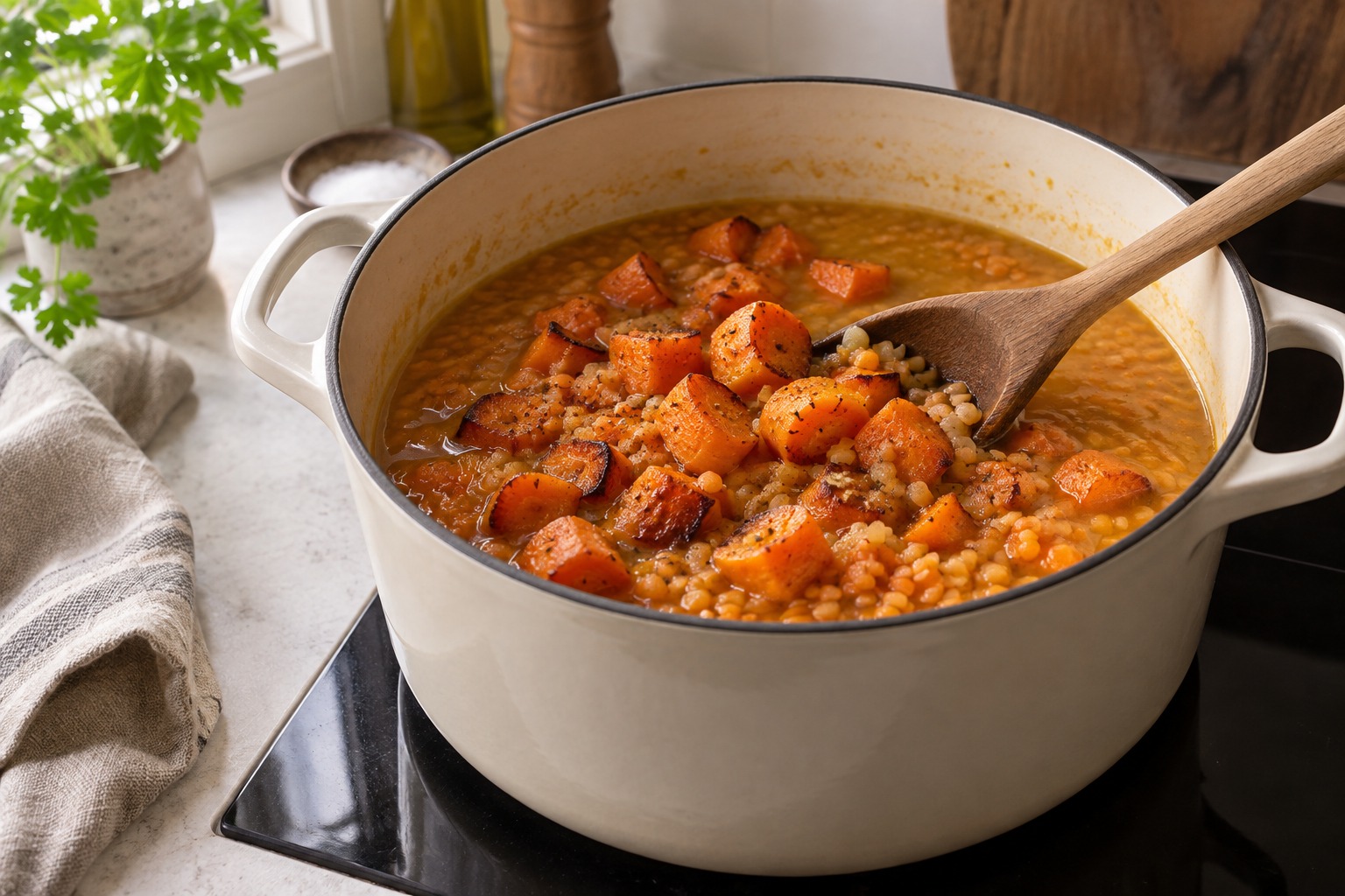 Roasted carrots combined with softened red lentils