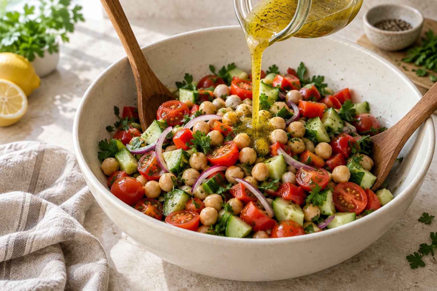 Lemon dressing poured over chickpeas and chopped vegetables