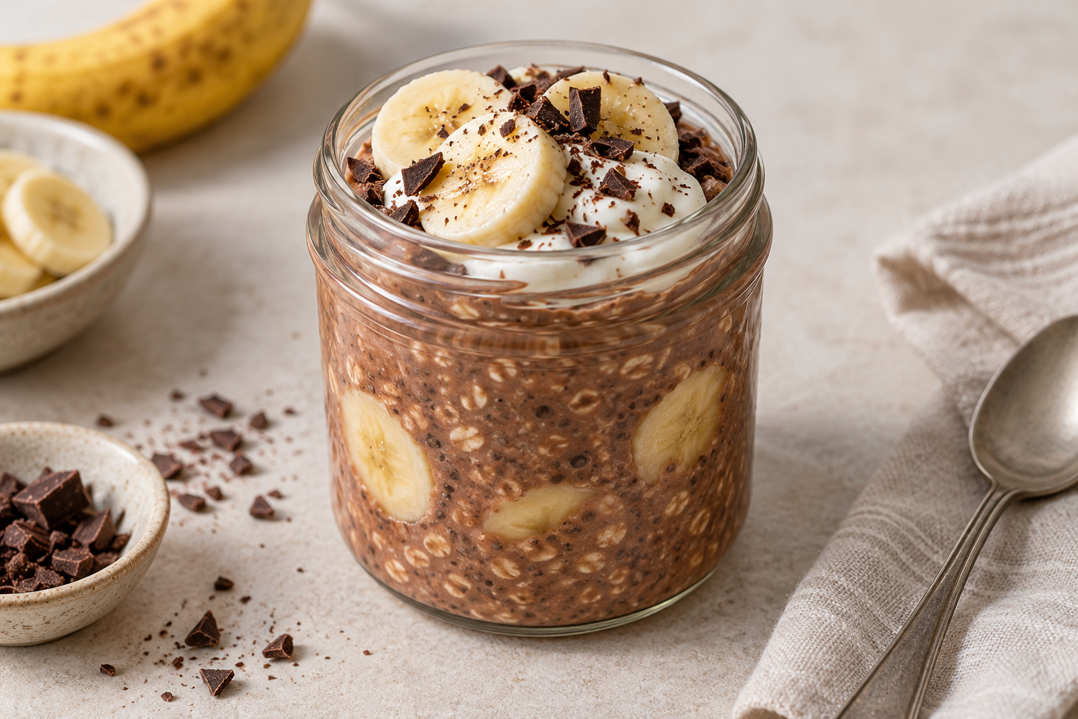 Chocolate banana high protein overnight oats with banana slices and dark chocolate