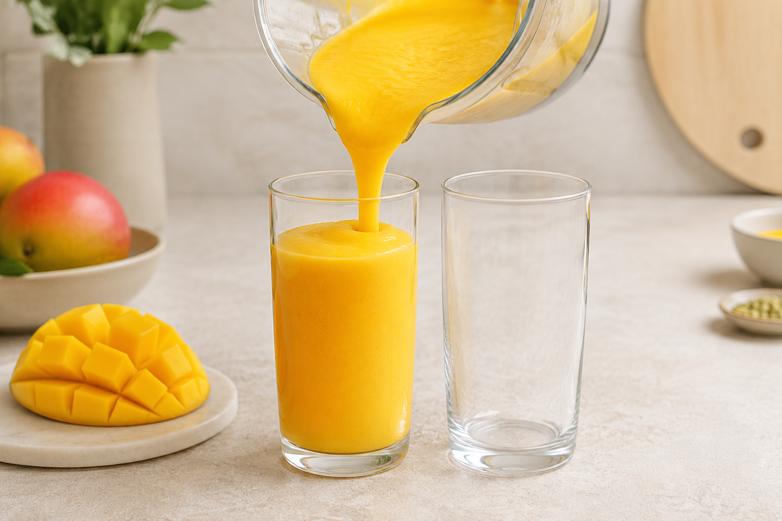 Thick golden mango lassi being poured from a blender into two tall glasses