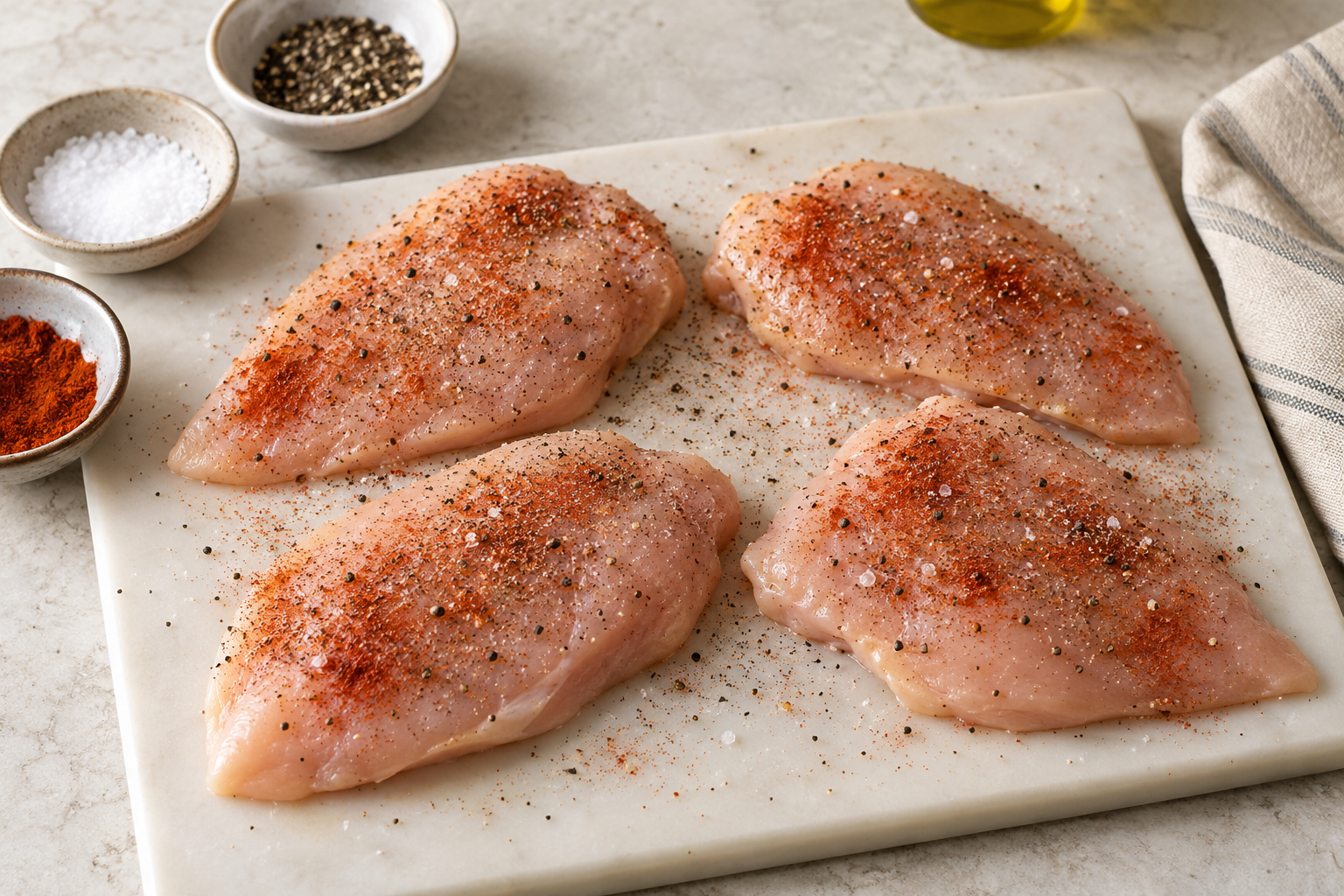 Chicken breast cutlets seasoned with paprika, herbs, salt and pepper