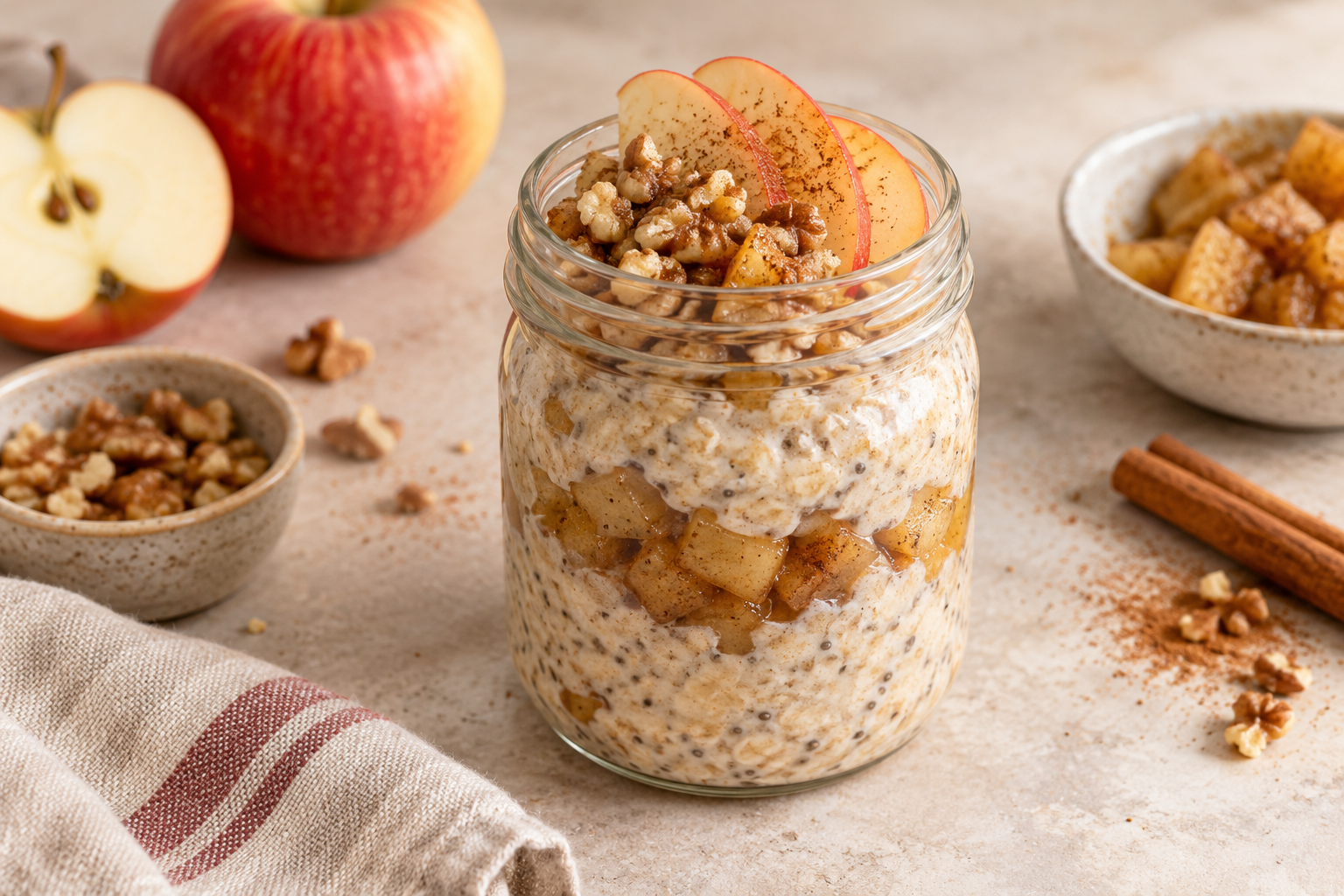 Apple cinnamon high protein overnight oats topped with diced apple and walnuts