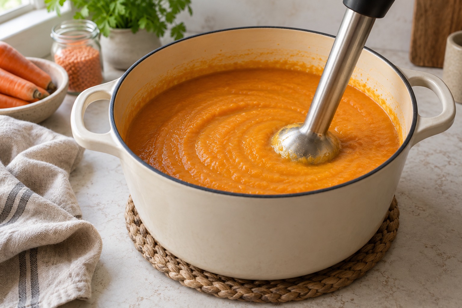 Carrot and lentil soup blended smooth in a saucepan