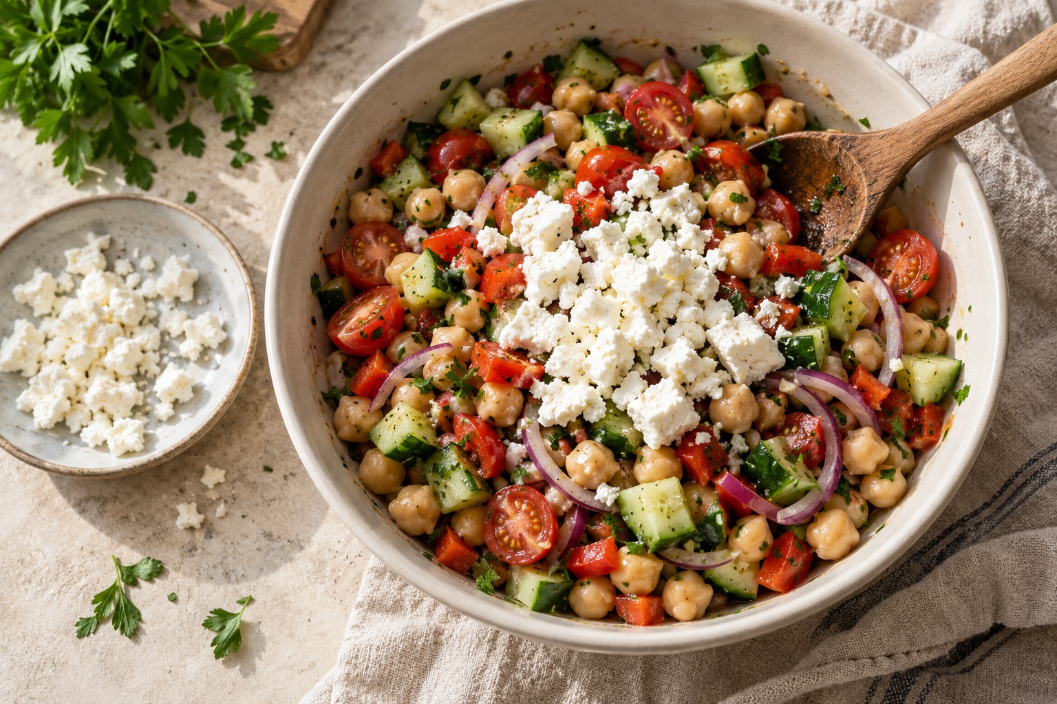 Crumbled feta added to the dressed chickpea salad