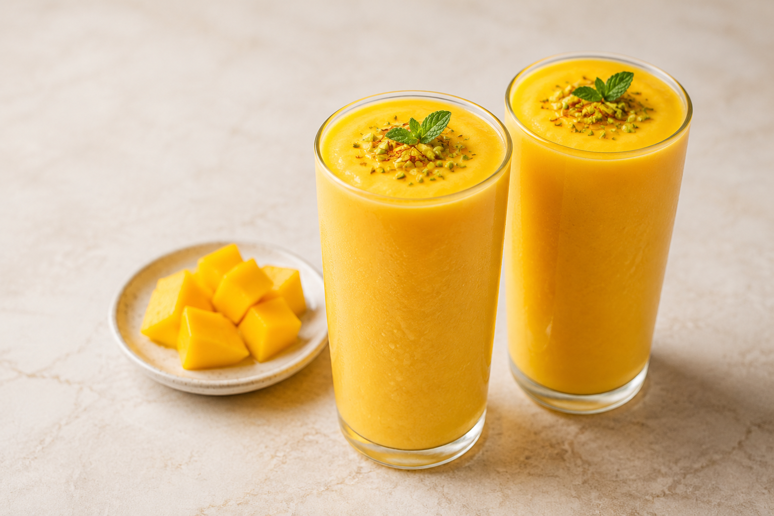 Two chilled glasses of mango lassi garnished with pistachios, saffron and mint