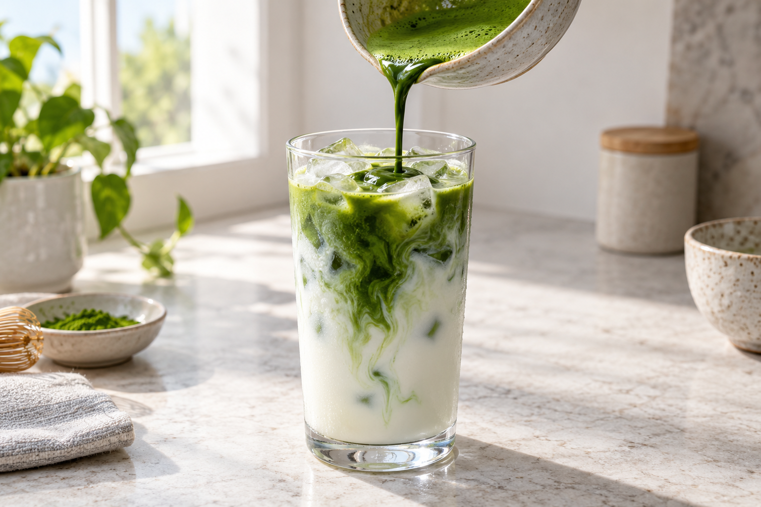 Whisked green matcha being poured over cold milk and ice
