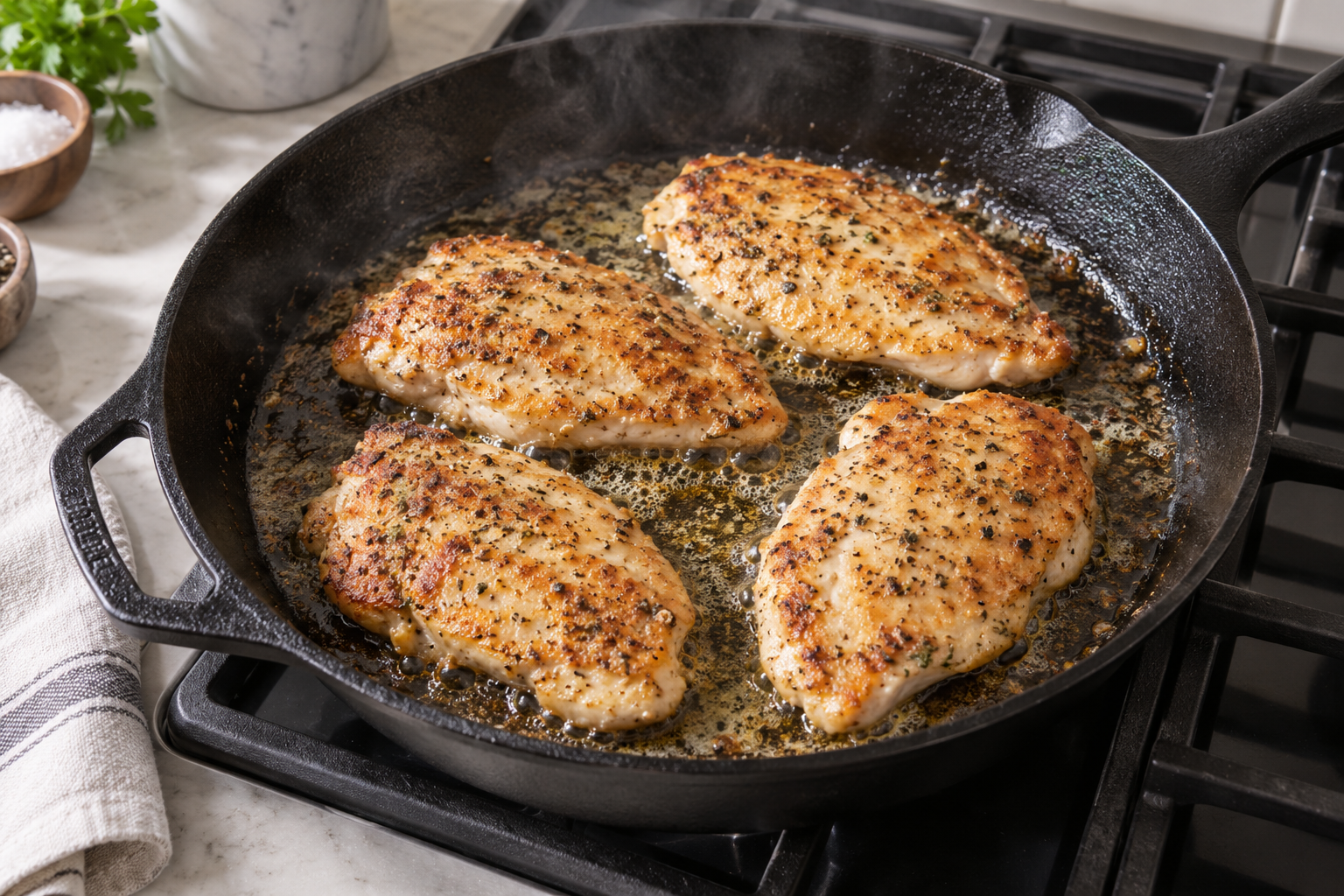 Seasoned chicken cutlets searing until golden in a cast-iron skillet