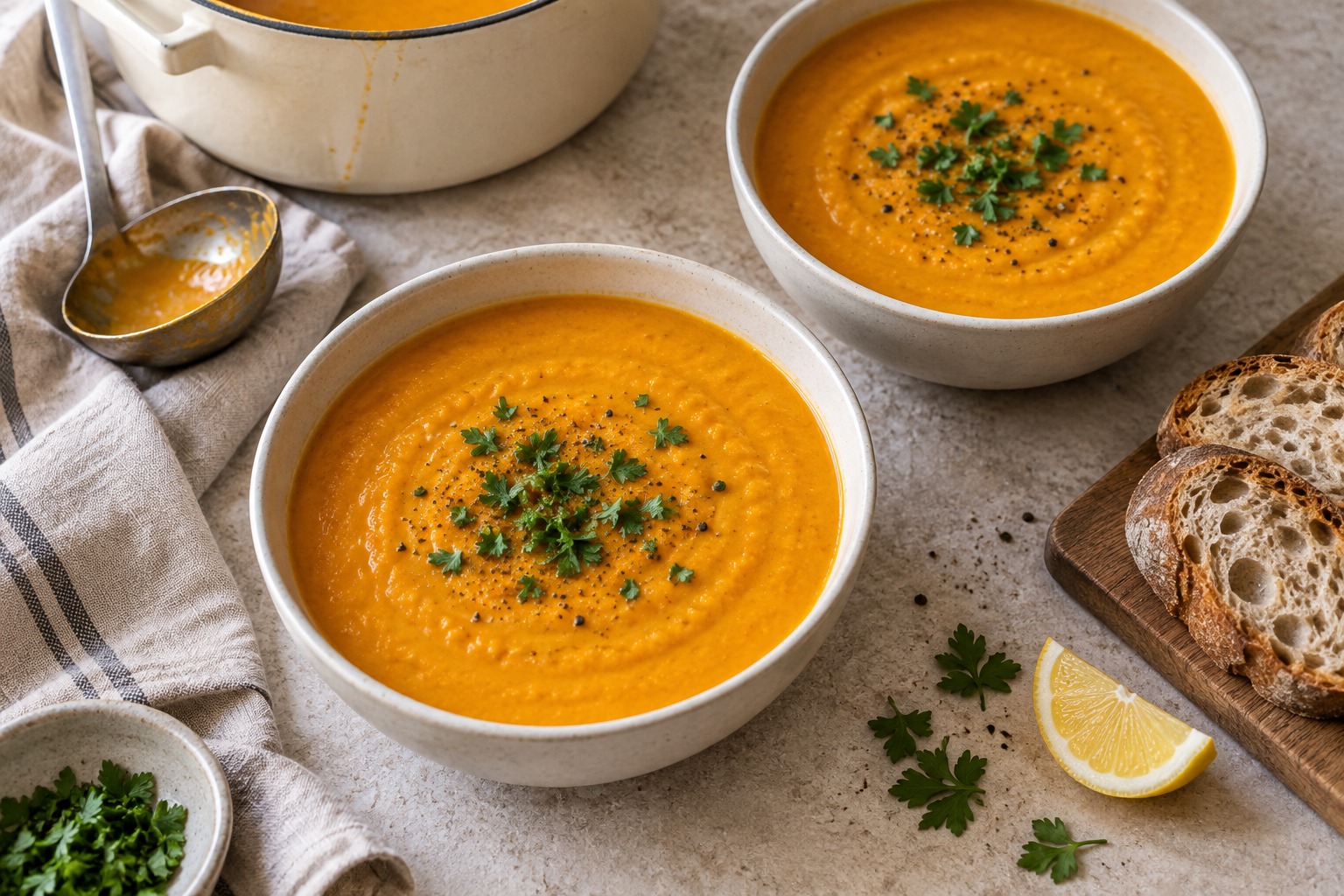 Two bowls of carrot and lentil soup ready to serve
