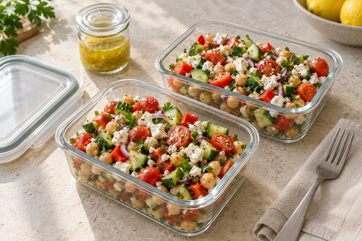 Chickpea salad packed in two lunch containers