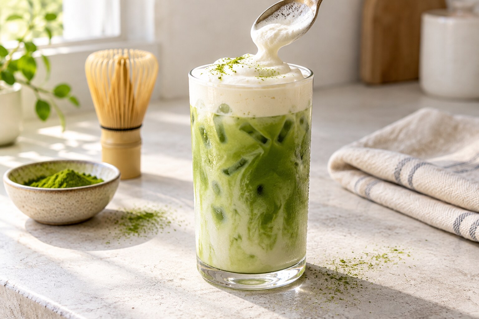 Finished iced protein matcha latte topped with vanilla cold foam