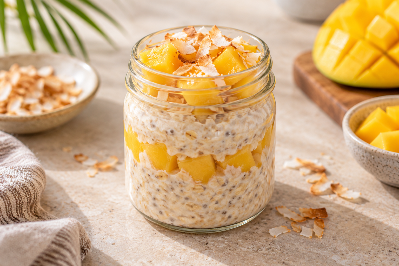 Mango coconut high protein overnight oats with fresh mango and toasted coconut