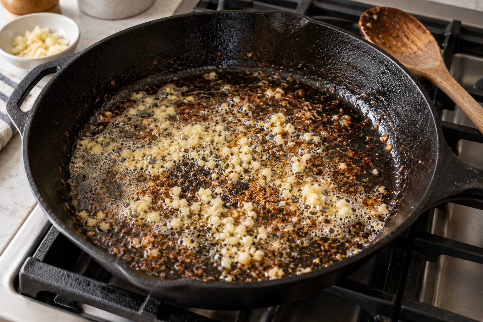 Finely chopped garlic cooking in butter and browned chicken juices