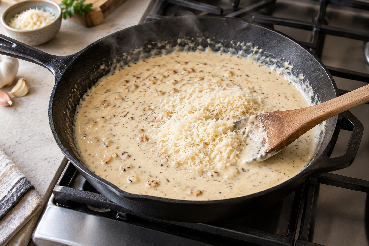 Finely grated Parmesan melting into a creamy garlic sauce