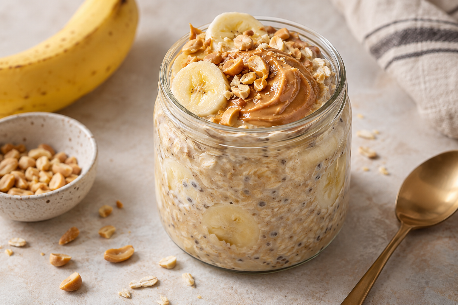Peanut butter banana high protein overnight oats with sliced banana