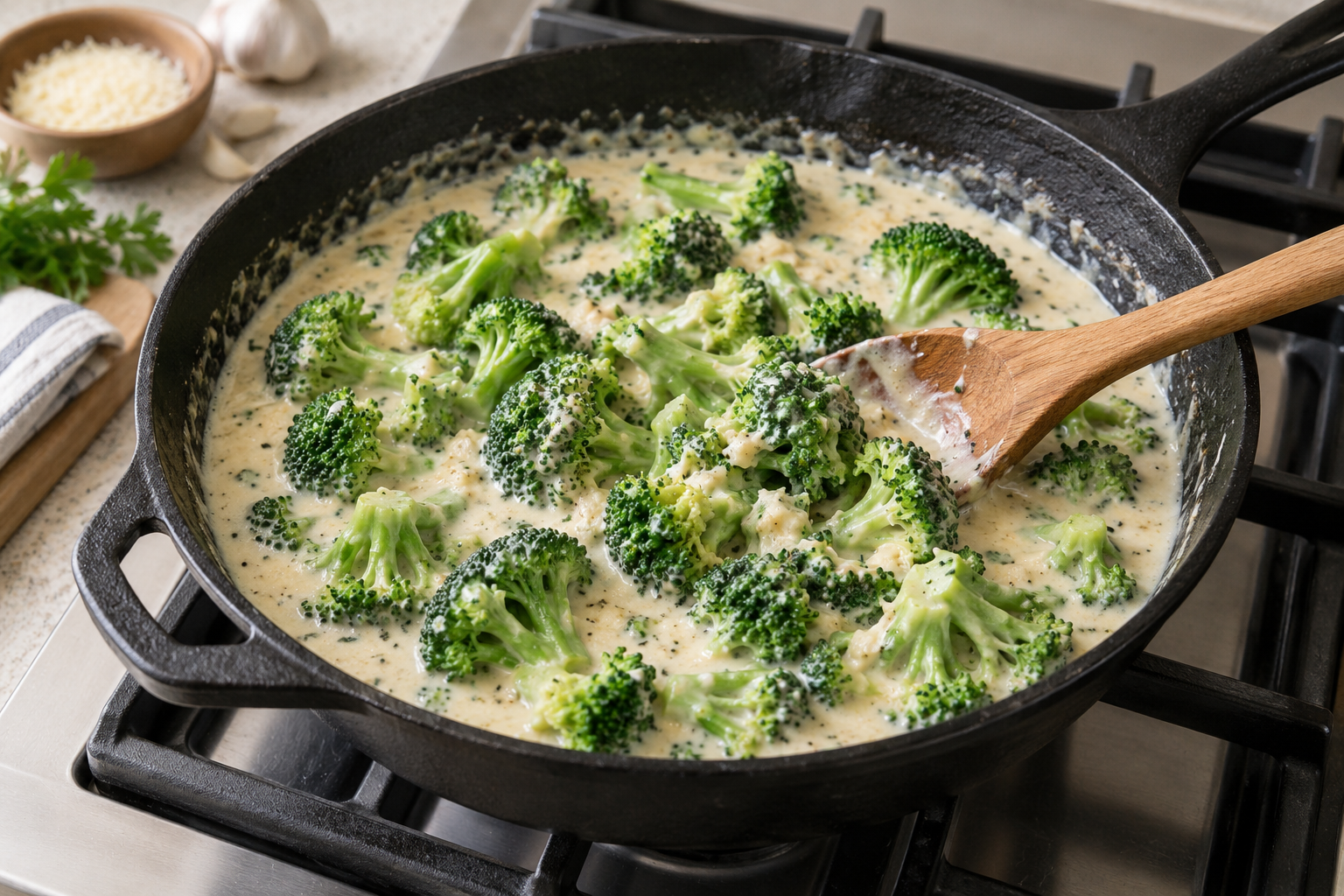 Fresh broccoli florets cooking in garlic Parmesan cream sauce