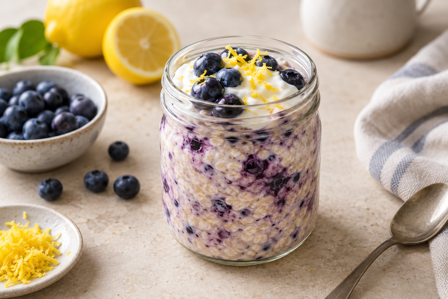 Blueberry lemon high protein overnight oats topped with blueberries and lemon zest