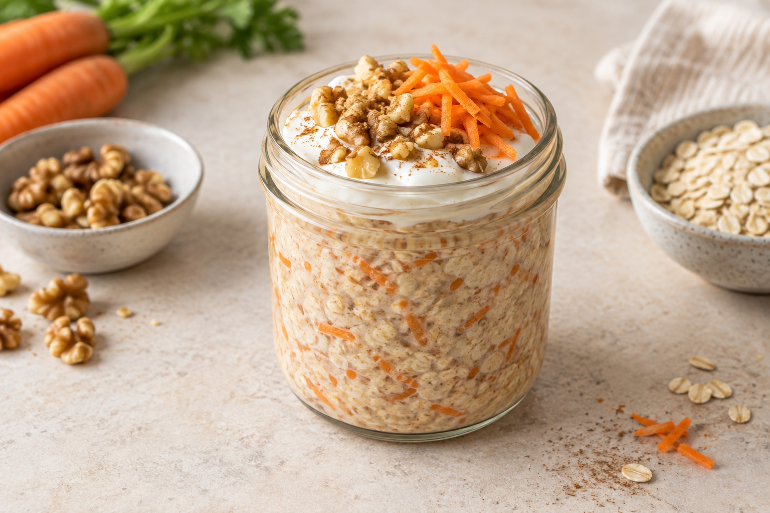 Carrot cake high protein overnight oats topped with yoghurt and walnuts