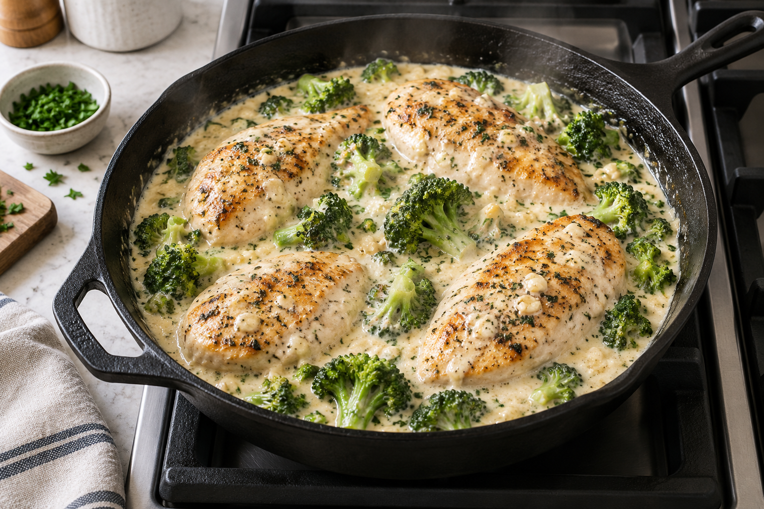 Chicken breasts and broccoli finishing in creamy garlic Parmesan sauce