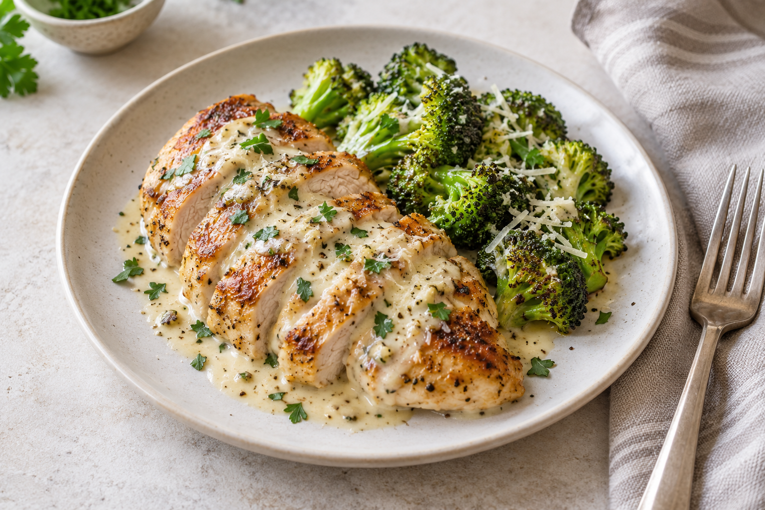 Sliced creamy garlic Parmesan chicken served with broccoli