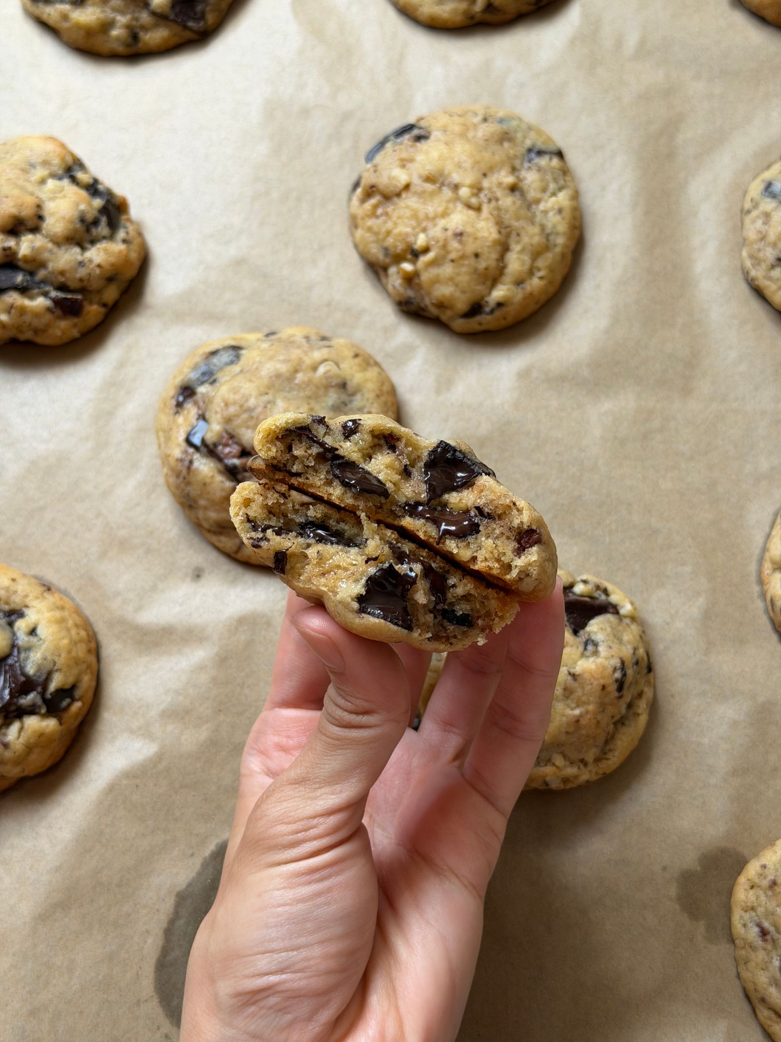 Chocolate chip cookie broken in half showing a soft, gooey chewy centre