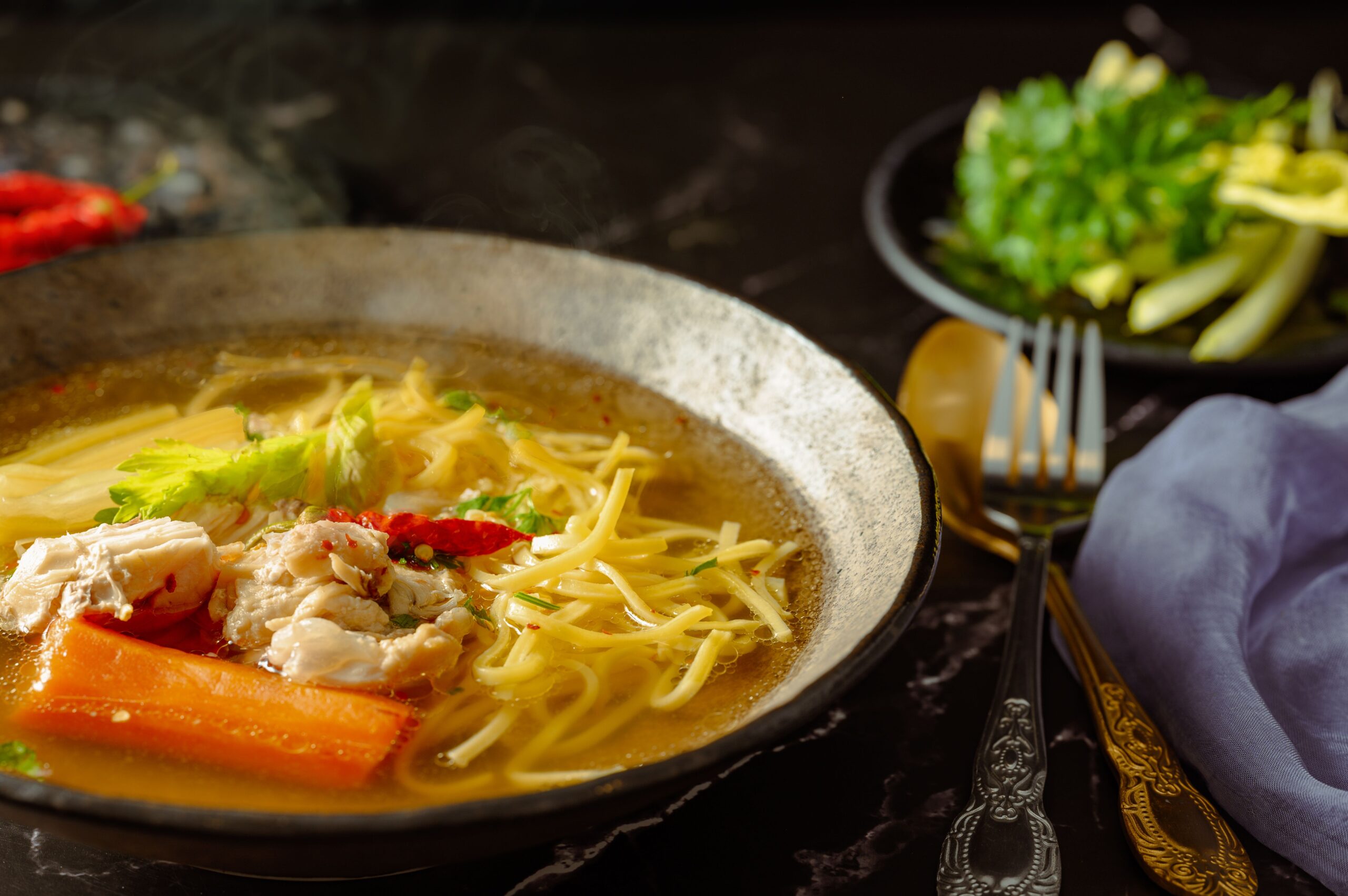 A bowl of chicken noodle soup with shredded chicken, noodles and broth