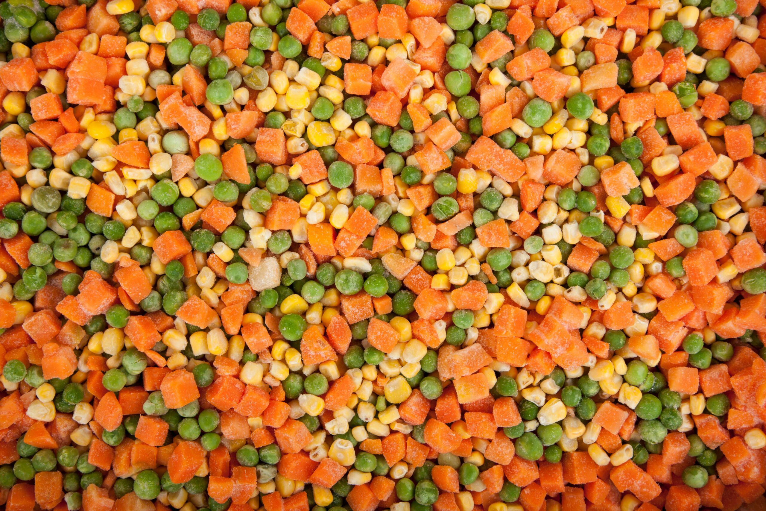 Frozen carrots, peas and sweetcorn mixed together for chicken pot pie filling