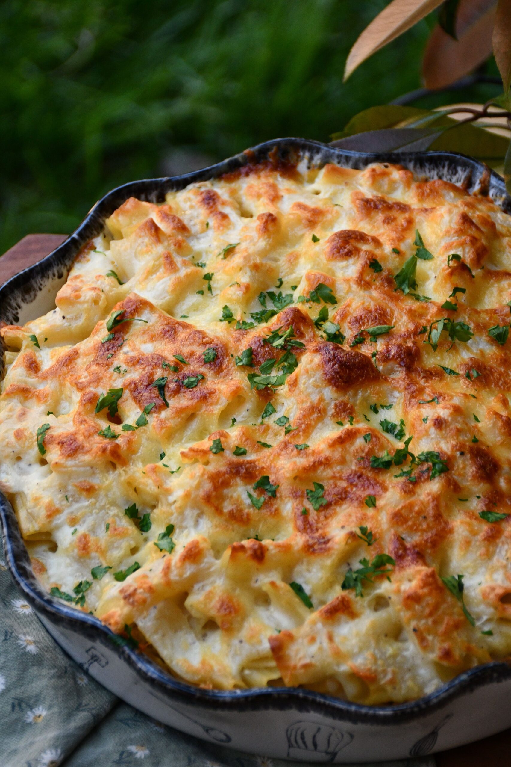 Classic baked mac and cheese with a golden, bubbling top