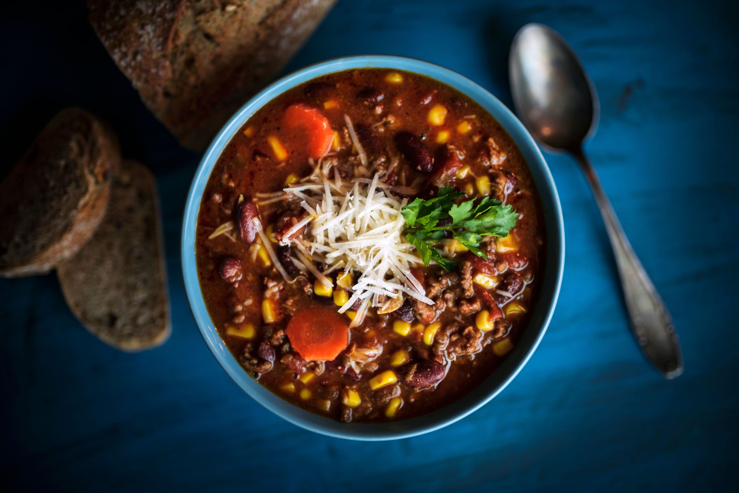 Homemade beef chili served with fresh bread