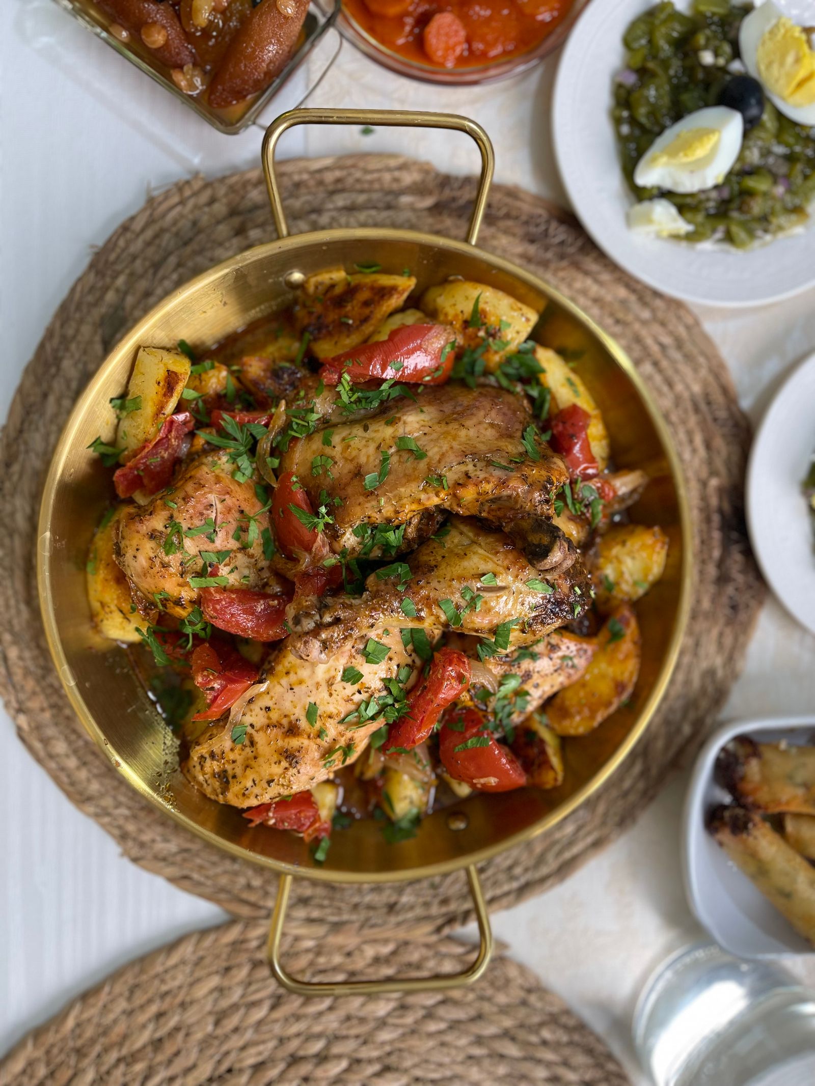 Golden roasted maple mustard chicken with fall vegetables on a sheet pan